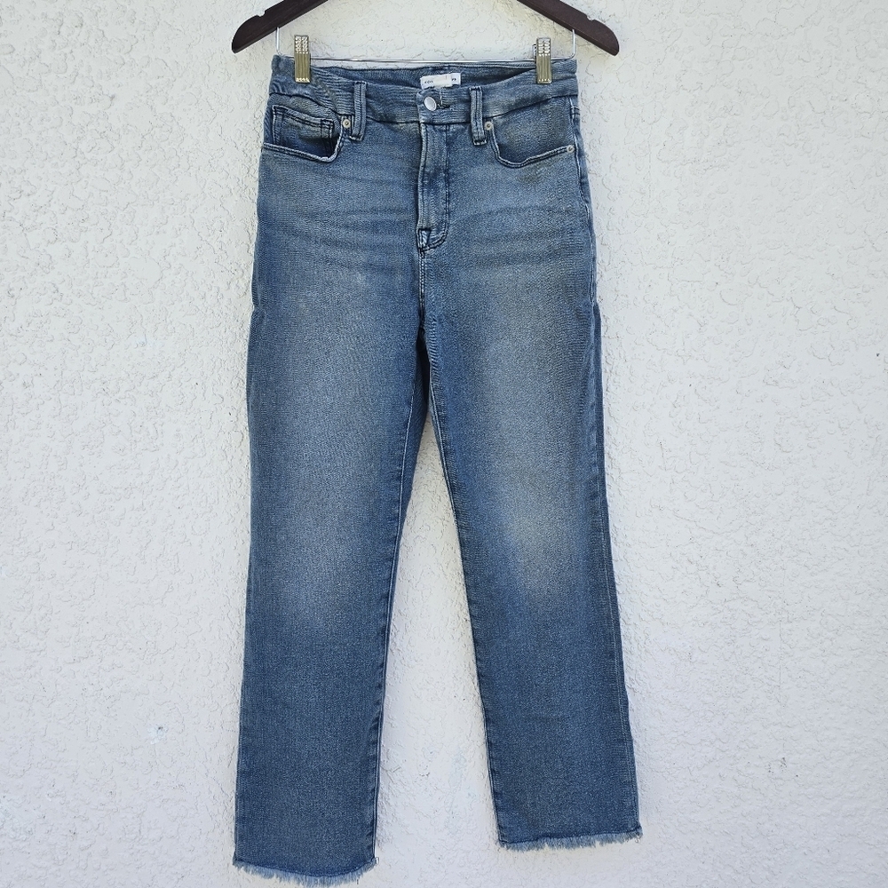 Good American Good Legs Straight Jeans High Rise Raw Hem Light Wash 6/28 - Picture 4 of 10